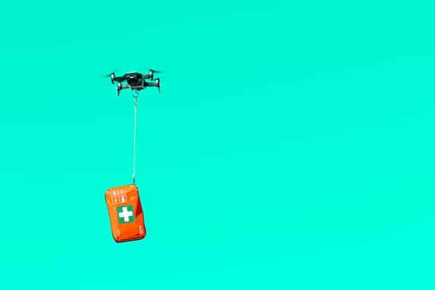 A drone delivering a medical package to a rural clinic, emphasizing the transformative potential of drone technology. The image shows a nurse receiving the package in a remote healthcare setting with 'How Will Drone Delivery Reshape US Logistics by 2025?'.