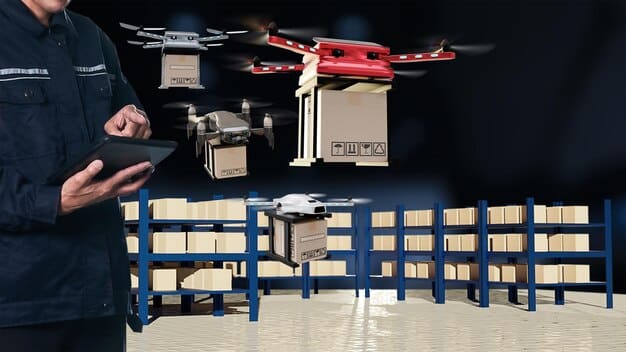 A drone scanning shelves in a vast warehouse, capturing inventory data and showcasing the use of aerial robotics for stock management.