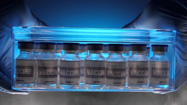 A close-up shot of an IoT temperature sensor attached to a crate of vaccines in a refrigerated truck. The sensor is displaying a precise temperature reading and wirelessly transmitting data to a cloud-based platform.