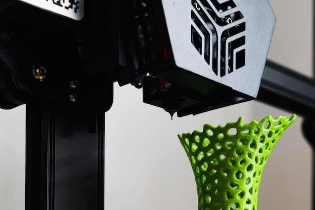 A close-up of a 3D printer creating a complex part, highlighting the intricate details and precision of the process. The focus is on the additive layering and the high-tech equipment involved.