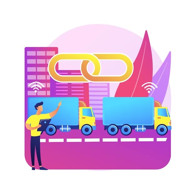 An illustration showcasing a network of interconnected logistics solutions for a modern US city. The image features drones delivering packages, autonomous vehicles moving goods, and smart traffic management systems optimizing routes to reduce congestion and emissions in urban areas.