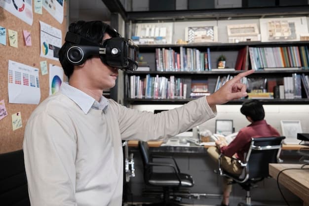 A trainer guiding a new employee through an AR training simulation. The employee is wearing an AR headset and following virtual instructions projected onto real shelves and products.