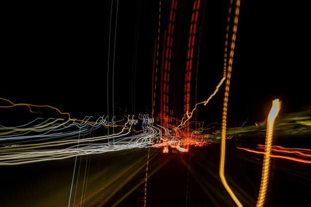 An abstract representation of data flowing through a logistics network, visualized as lines of light connecting various nodes representing warehouses, transportation hubs, and distribution centers. The image conveys the idea of seamless data exchange and real-time tracking.