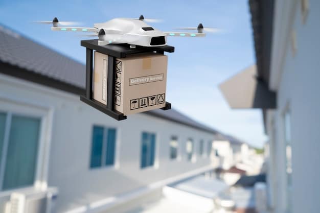 A detailed view of a drone delivering a small package to a residential doorstep, emphasizing the innovative solutions being implemented in last-mile delivery to meet customer expectations.