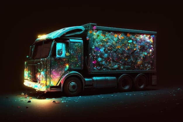 A digital illustration of a delivery truck on a road, with an AI overlay showing optimized route suggestions in real-time. The visual emphasizes fuel efficiency with green highlights on the most direct and eco-friendly path.