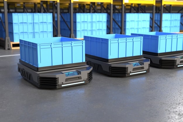 A high-tech micro-warehouse interior, showing automated guided vehicles (AGVs) efficiently moving packages. The scene emphasizes the use of technology to optimize space and speed up fulfillment processes.