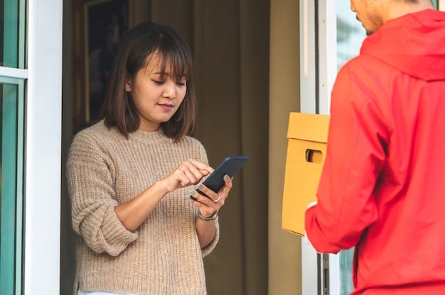 A delivery driver using a mobile app to scan a package at the door of a customer in a residential neighborhood. The image highlights the final step of last-mile delivery from a micro-warehouse.