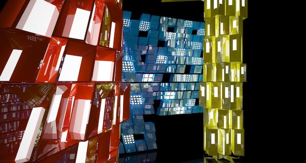 A close up shot of various shipping containers that are sealed with digital encrypted codes symbolizing the security and tracking ability blockchain provides for logistics.
