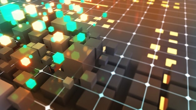 A graphic depicting a virtual map where a product is tracked, using the blockchain system, through its entire life cycle from manufacturing, delivery, and sale with accompanying data metrics displayed.