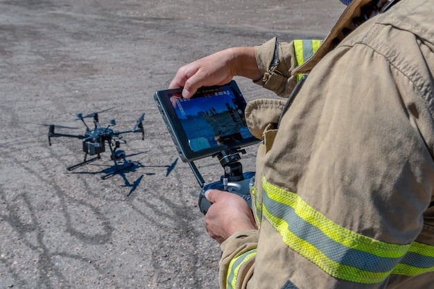 Uma imagem mostrando um close-up de um drone equipado com vários sensores e câmeras, destacando a tecnologia avançada de navegação e detecção de obstáculos.