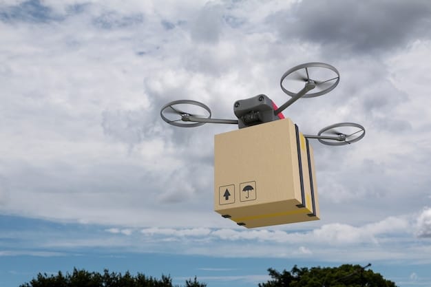 A close-up shot of a drone landing on a designated delivery pad with a package release mechanism. The background shows a warehouse or distribution center, indicating the origin point of the delivery. The image should focus on the precision and technology involved in the drone delivery process.