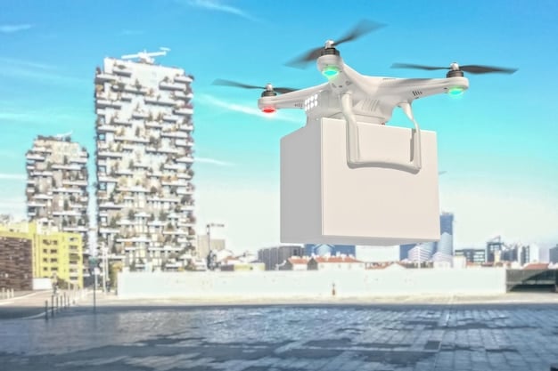 A digital rendering of a future logistics hub with multiple drones taking off and landing on a rooftop platform. The scene includes automated systems for package loading and maintenance, conveying a sense of a fully integrated drone delivery operation. The background shows a futuristic city skyline.