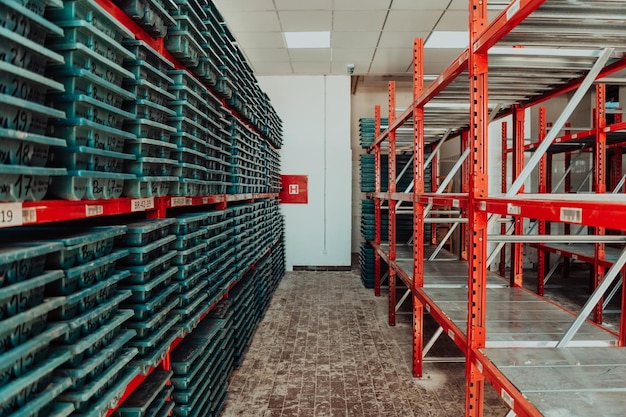 Interior view of a modern micro-warehouse. Shelves are neatly organized with a variety of products. Workers are efficiently picking and packing orders using handheld devices, showcasing streamlined processes.