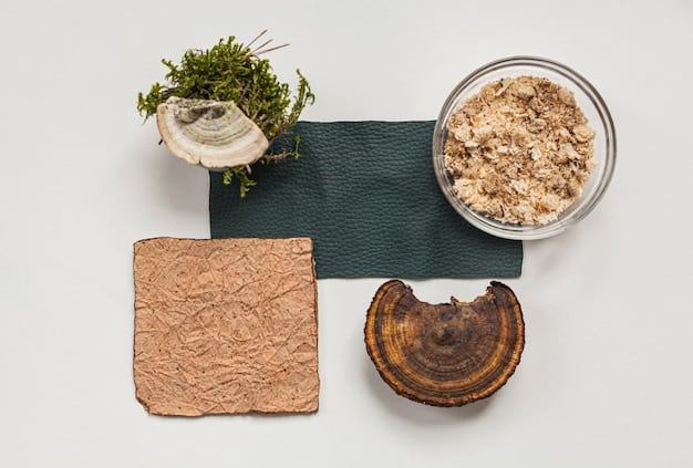 A close-up shot of various sustainable packaging materials, including mushroom packaging, seaweed packaging, and recycled cardboard, arranged to showcase their textures and natural colors. The composition emphasizes the innovative and eco-friendly nature of these materials.
