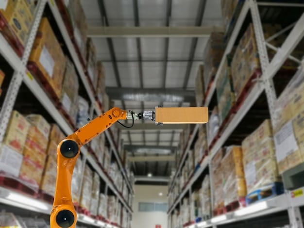 Close-up shot of a robotic arm accurately picking items from a shelf in a warehouse. The lighting is focused on the arm and the items, highlighting the precision and efficiency of the automated picking process.