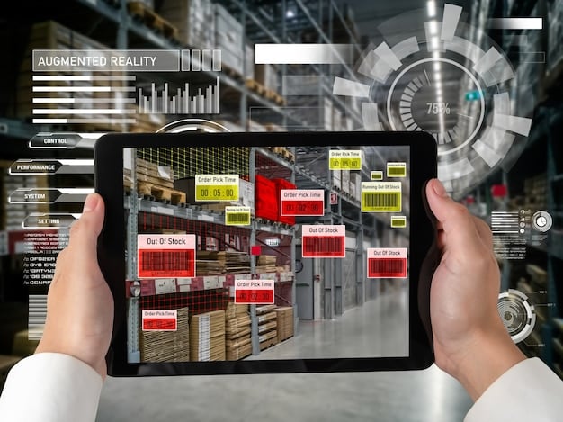 A warehouse control center with multiple screens displaying real-time data on robot activities and warehouse operations. The scene shows a manager overseeing the automated processes, highlighting the integration of technology and human oversight.