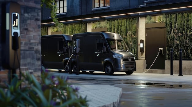 A fleet of electric delivery vans parked at a charging station in a modern urban setting, emphasizing the shift towards sustainable transportation.