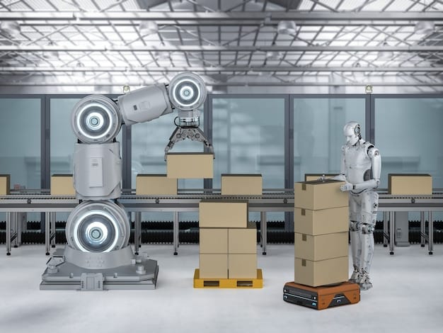A logistics warehouse scene with robots efficiently moving inventory, illustrating the optimization of processes driven by predictive analytics.
