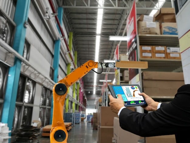 A close-up of a robotic arm expertly picking products from a shelf in a warehouse. The arm has advanced sensors and grippers, demonstrating precision and adaptability in handling different items.