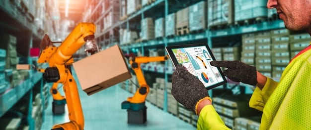 A warehouse worker using a tablet to monitor and control a fleet of AMRs navigating the warehouse floor. The image emphasizes the collaboration between humans and robots in a modern logistics setting.
