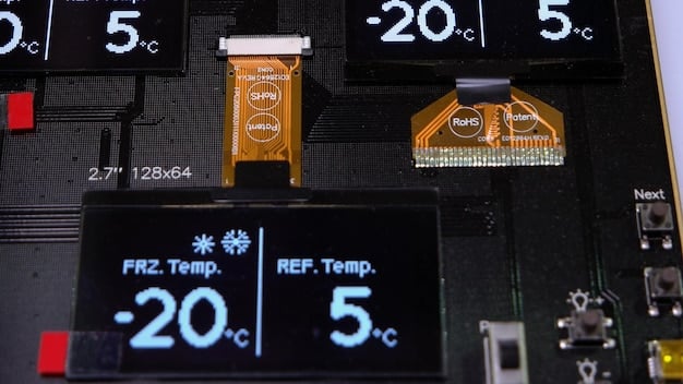 A close-up shot of an IoT sensor attached to a package inside a refrigerated truck, showing the sensor's digital display with temperature readings and wireless connectivity icon.