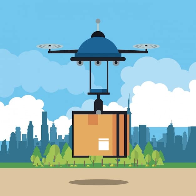 A delivery drone carrying a small package flies above a congested city street. Below, electric delivery vans are navigating through traffic, showcasing a mix of traditional and futuristic delivery methods aimed at reducing congestion and emissions.