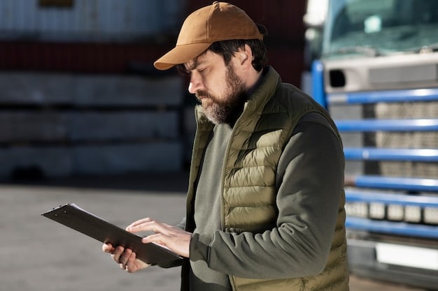 A close-up shot of a driver using a digital logging device (ELD) in a semi-truck, showing compliance with federal hours-of-service regulations. Focus on the technology and the driver's interaction with it.