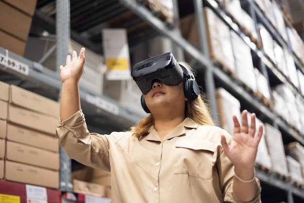 A close-up of AR glasses displaying real-time data about a specific item on a shelf in a warehouse. The data includes the item's location, quantity, and expiration date.