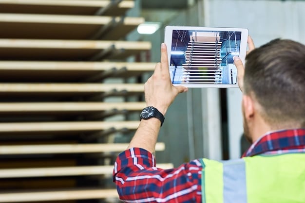 AR training module showing a warehouse worker how to properly load boxes onto a pallet. The overlay provides step-by-step instructions and visual guides.