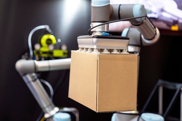 A close-up shot of a robotic arm assembling packages on a conveyor belt in a distribution center. The arm is sleek and modern, with sensors and cameras visible. The packages are labeled and ready for shipment.