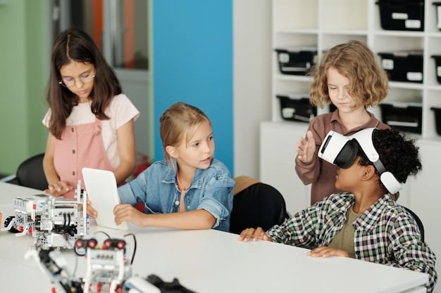 A group of students in a classroom setting, learning about robotics and automation. The students are diverse and engaged, working with robotic kits and computer screens. The classroom is well-equipped and modern, reflecting a focus on STEM education.