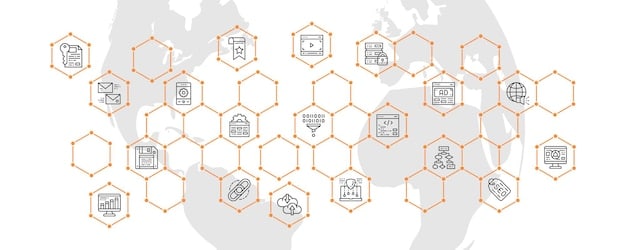 A visual representation of compliance, showing a series of interconnected icons representing data protection regulations like GDPR, CCPA, and HIPAA, all linked to a central hub representing a logistics company.