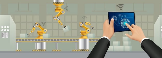A graphic showing a high-tech reverse logistics facility, featuring robotic arms sorting packages, data dashboards displaying real-time information, and employees using handheld scanners.