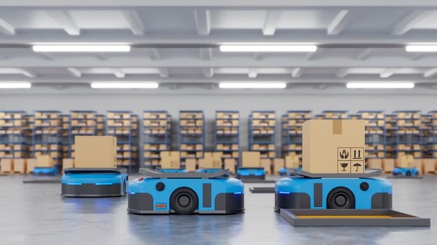 A warehouse scene with automated guided vehicles (AGVs) moving goods around efficiently. The warehouse should be well-lit and organized, showing the seamless integration of technology and shared resources.