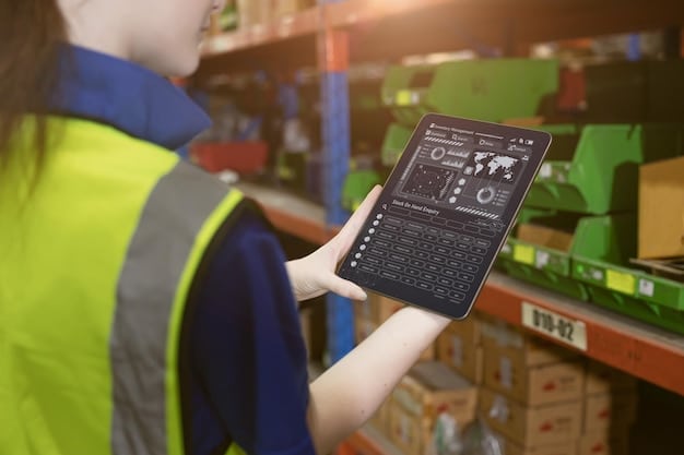 An AR interface displaying optimal routes for order picking in a warehouse aisle. Shelves are clearly visible, and the AR overlay highlights specific items and directions.