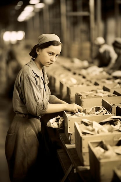 A historical image of a 1950s warehouse with workers manually sorting returned products, highlighting the labor-intensive and unsophisticated nature of early reverse logistics.
