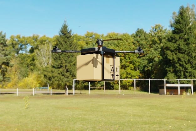 A delivery drone in mid-flight, carrying a small package through a suburban neighborhood. The background shows houses with well-manicured lawns and trees, suggesting a modern and efficient delivery solution.