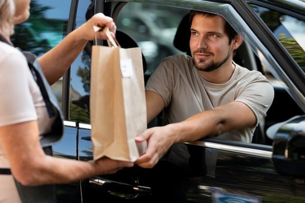 A delivery driver in a branded vehicle, handing a package to a customer at their doorstep. The customer is smiling, and the scene captures the moment of satisfaction with quick and reliable delivery. The background shows a typical suburban street in the US.