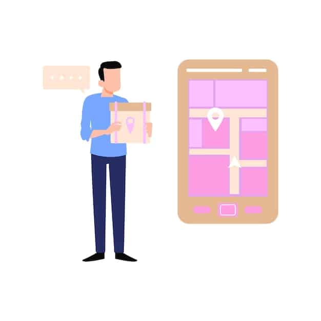 A customer using a mobile app to track the real-time location of their delivery. The app interface shows a map with the delivery vehicle moving towards the customer's address. The scene emphasizes the importance of transparency and communication in modern logistics.