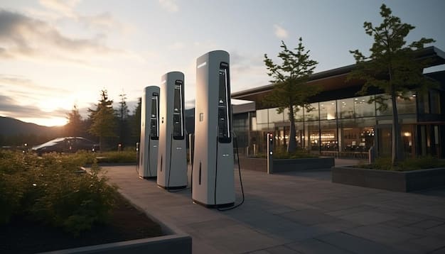 A variety of EV charging stations at an apartment complex, ranging from Level 2 chargers to a DC fast charger. Different EVs are plugged into these chargers, showcasing the versatility of the charging infrastructure.