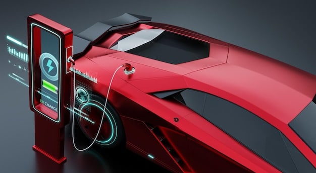 A futuristic concept car displayed at an auto show, showcasing advanced aerodynamic design and electric powertrain, highlighting the industry's focus on innovation and sustainability.