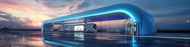 A hydrogen refueling station at a public transportation hub, with a fuel cell bus being refueled. The station is modern and sleek, showcasing the future of hydrogen infrastructure.