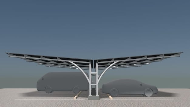 A charging station with several electric vehicles plugged in, set against a backdrop of solar panels, illustrating the intersection of sustainable energy and transportation.