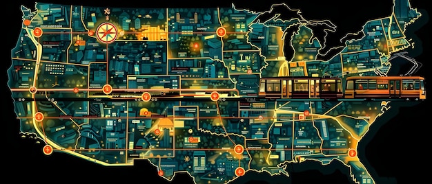 A map of the United States dotted with EV charging station icons, overlaid on a network of highways, representing the growth of EV infrastructure.