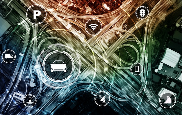 A detailed diagram illustrating the data flow between connected and autonomous vehicles, traffic management systems, and other infrastructure components. The diagram should highlight the types of data being shared (speed, location, traffic conditions) and the benefits of this data sharing (optimized routing, reduced congestion, improved safety).