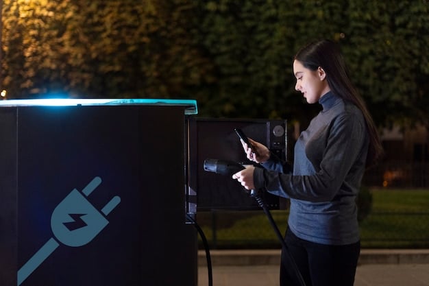 A close-up shot of an electric vehicle charging station with a digital display showing real-time energy consumption and cost savings.