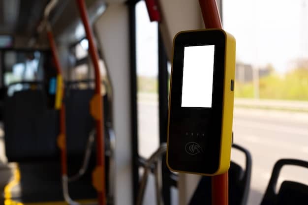 A modern electric bus operating on a dedicated lane in a city center. The bus is equipped with real-time passenger information displays and is part of a smart public transportation system.