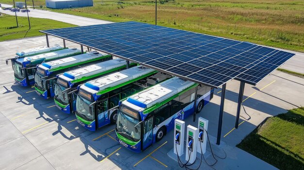 A charging station with multiple electric buses connected, displaying a digital screen showing the battery charging progress and the renewable energy source powering the station (e.g., solar panels).