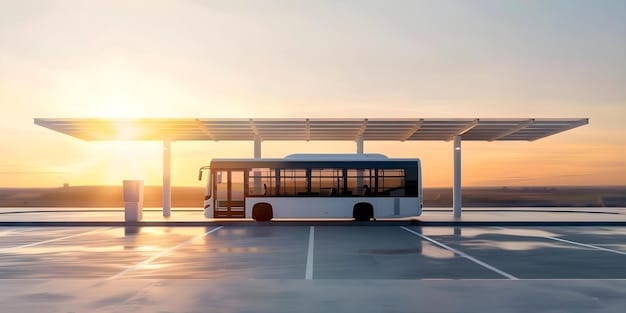 A modern electric bus charging at a station powered by solar panels, with a cityscape in the background symbolizing a commitment to sustainable urban development.