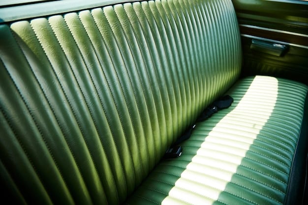 Close-up of a car interior featuring seats made from recycled plastic bottles and dashboard components made from bamboo fiber.